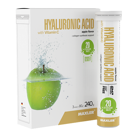 Макслер Гиалуроновая кислота с витамином С вкус яблоко / Maxler Hyaluronic Acid with Vitamin C Apple flavor шипучие таблетки по 4,0 г 3 тубы по 20 шт