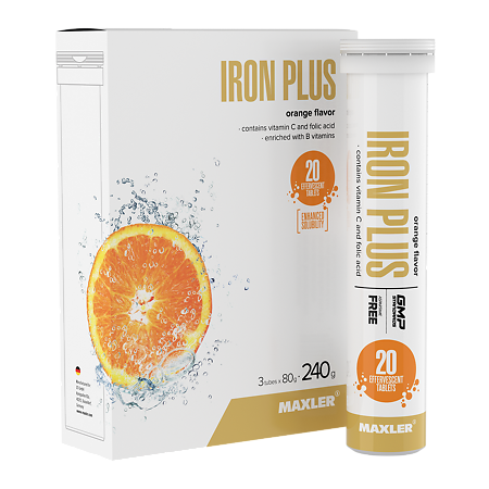 Макслер Железо (Айрон) Плюс вкус Апельсина / Iron Plus Orange flavor шипучие таблетки по 4,0 г 3 тубы по 20 шт