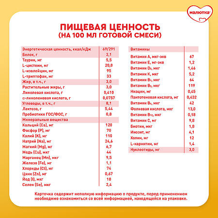 Малютка 3 детское молочко 12 мес 900 г 1 шт