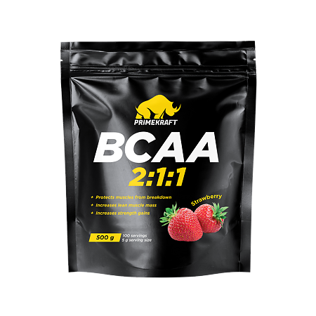 Комплекс аминокислот БЦАА 2:1:1/ВСAА 2:1:1 Prime Kraft со вкусом клубника порошок дой-пак 500 г 1 шт