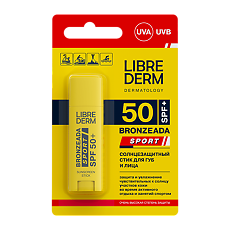 Купить Librederm Bronzeada Sport Солнцезащитный стик для губ и лица SPF 50+ 4,8 г 8 г 1 шт цена