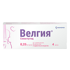 Изображение товара Велгия раствор для подкожного введ 0,25 мг/доза 1,5 мл шприц-ручка 1 шт+иглы 5 шт 1 уп