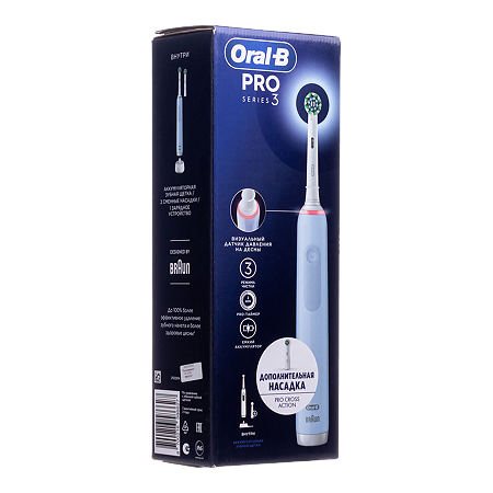Oral-B Подарочный набор Электрическая зубная щетка PRO 3 голубая с дополнительной сменной насадкой Pro Cross Action 1 уп