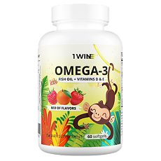 Купить 1WIN Комплекс детский омега-3 с витаминами Е и Д Апельсин, Клубника и Малина и травы Микс капсулы массой 790 мг 60 шт цена