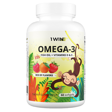 1WIN Комплекс детский омега-3 с витаминами Е и Д Апельсин, Клубника и Малина и травы Микс капсулы массой 790 мг 60 шт