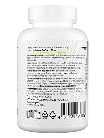 1WIN ГАМК + B6 / GABA + B6 капсулы массой 510 мг 60 шт