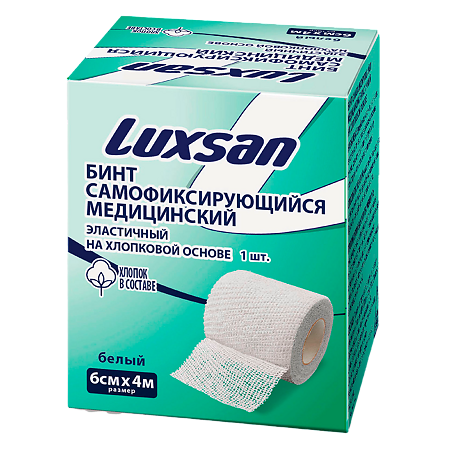 Luxsan Бинт самофиксирующийся медицинский эластичный на хлопковой основе белый 6см х 4м 1 шт