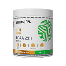 Изображение товара Ультрасаппс Ультра Голд БЦАА 2:1:1 / Ultrasupps Ultra Gold BCAA 2:1:1 Raspberry порошок со вкусом малины массой 300 г 1 шт