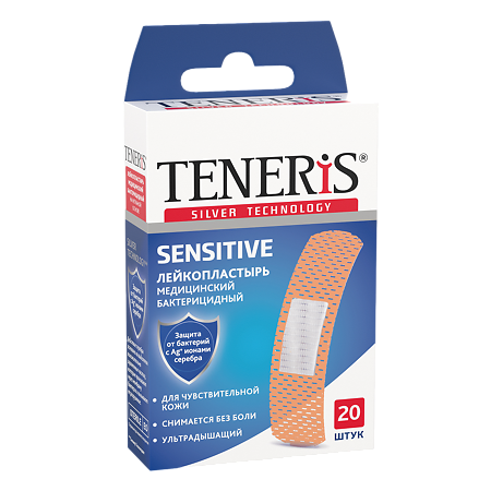 Teneris Лейкопластырь Sensitive бактерицидный на нетканой основе 76 х 19 мм 20 шт