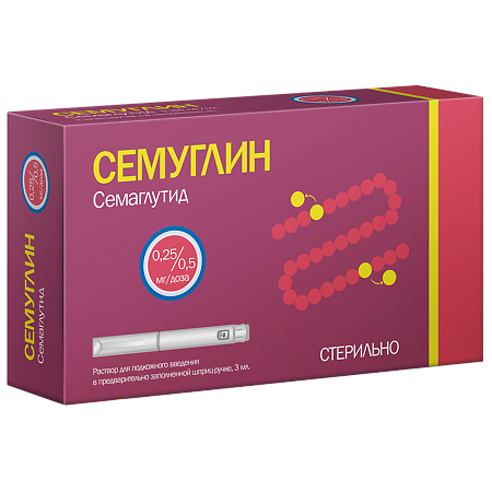 Семуглин раствор для подкожного введ 0,25/0,5мг/доза 3 мл шприц-ручка 1 шт+иглы 8 шт 1 уп