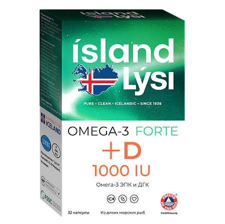 Lysi Омега-3 Форте+витамин D 1000 МЕ/Omega-3 Forte+vitamin D 1000 IU капсулы массой 1000 мг 32 шт