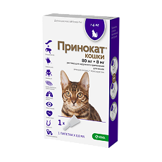 Купить Принокат раствор для наружного применения (капли на холку) 80 мг+8 мг для кошек весом более 4 кг 0,8 мл пипетка 1 шт цена