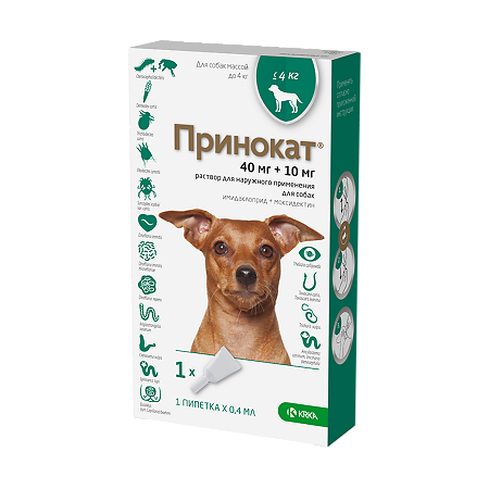 Принокат раствор для наружного применения (капли на холку) 40 мг+10 мг для собак весом до 4 кг 0,4 мл пипетка 1 шт