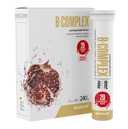 Изображение товара Макслер В-комплекс вкус грант / Maxler B-Complex Pomegranate flavor шипучие таблетки по 4,0 г 3 тубы по 20 шт