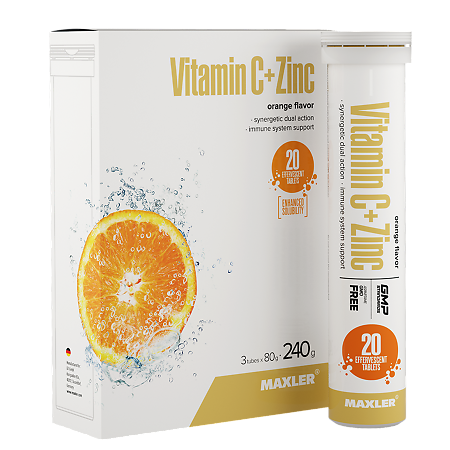 Макслер Витамин С + Цинк вкус апельсин / Maxler Vitamin C + Zinc Orange flavor шипучие таблетки по 4,0 г 3 тубы по 20 шт 3 тубы по 20 шт