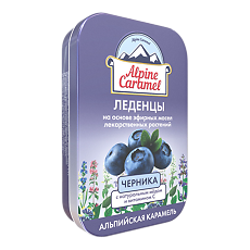 Изображение товара Альпийская Карамель / Alpine Caramel Леденцы детские с натуральным медом и вит С со вкусом Черники массой 3,3 г мини-бокс 53 г 1 шт