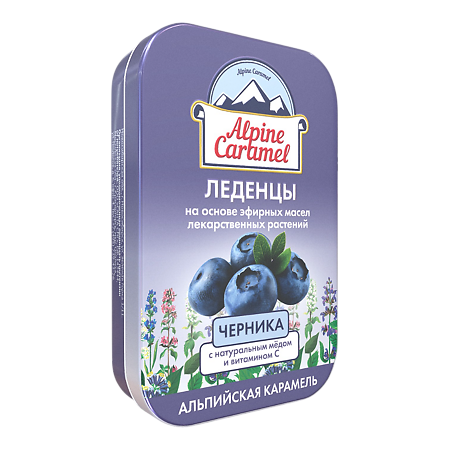Альпийская Карамель / Alpine Caramel Леденцы детские с натуральным медом и вит С со вкусом Черники массой 3,3 г мини-бокс 53 г 1 шт