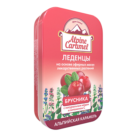Альпийская Карамель / Alpine Caramel Леденцы детские с натуральным медом и вит С со вкусом Брусники массой 3,3 г мини-бокс 53 г 1 шт