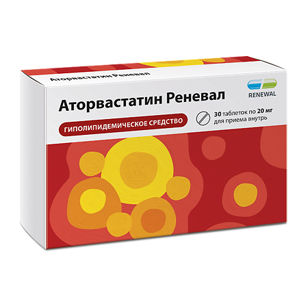 Изображение товара Аторвастатин Реневал 20 мг 30 таблеток покрытпленочной оболочкой для снижения холестерина
