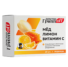 Купить Доктор ГриппOFF Мед, Лимон, Витамин С леденцы массой 3200 мг 20 шт цена