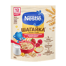 Купить Nestle Шагайка каша молочная мультизлаковая с овсяными хлопьями, малиной, яблоком и кусочками земляники садовой с 12 мес пакет 190 г 1 шт цена