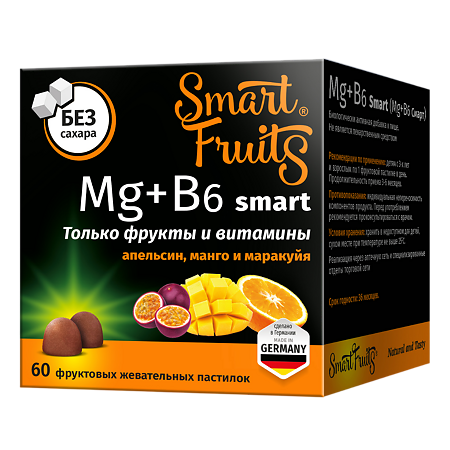 Смарт Фрутс Магний+B6 смарт/Smart Fruits Mg+B6 smart фруктовые жевательные пастилки массой 2,5 г 60 шт