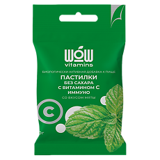 Изображение товара WOW vitamins Пастилки без сахара с витамином С иммуно со вкусом мяты массой 1200 мг 12 шт