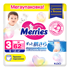 Изображение товара Merries Трусики-подгузники размер M (6-11 кг) 62 шт